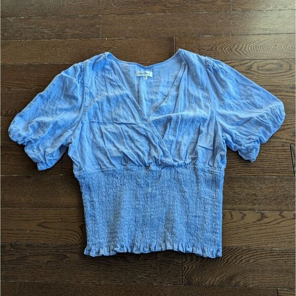 Heartloom Rushed Ruffle Hem Bubble Sleeve Babbydoll Top Blue Womens Size L - Picture 3 of 10